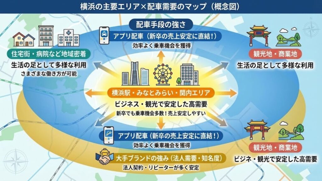「横浜の主要エリア×配車需要のマップ(概念図)」
